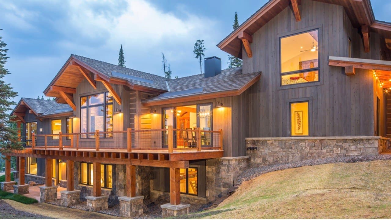 Mountain lodge at dusk